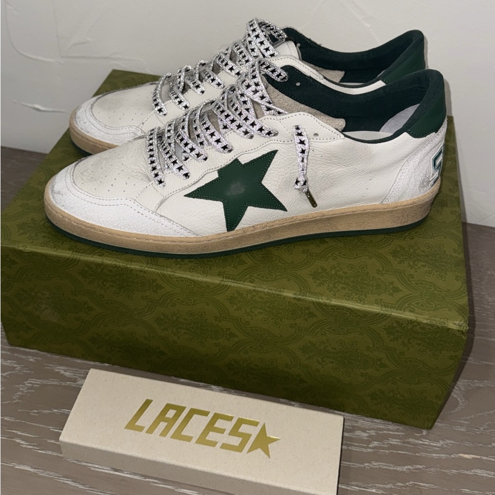Men's Ball Star in white nappa leather with green leather star - Picture 2 of 7